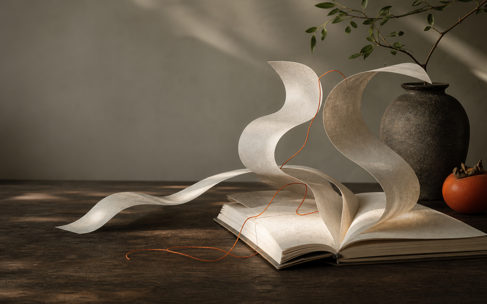 Paper pages and a fine orange thread unfolding from a book in the morning light